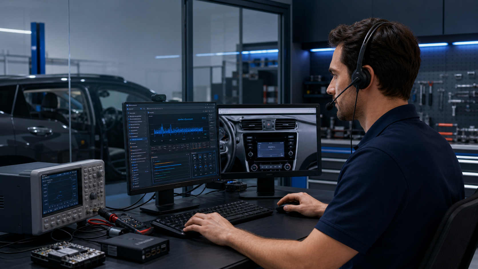 Technical support engineer reviewing automotive electronics diagnostic information