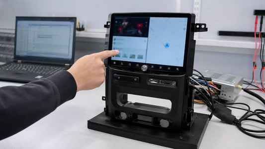 Ford F-150 infotainment assembly function testing on a quality-control bench