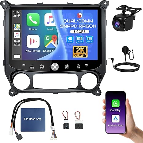 11.5" 2K Screen Car Radio Stereo for Chevy Chevrolet Silverado & GMC Sierra 2014-2018 with Qual-comm 8Core Chip & High-end Amplifier Chip, 1080P Reverse Camera (8Core 4G+64G(Fits Bose Amp))