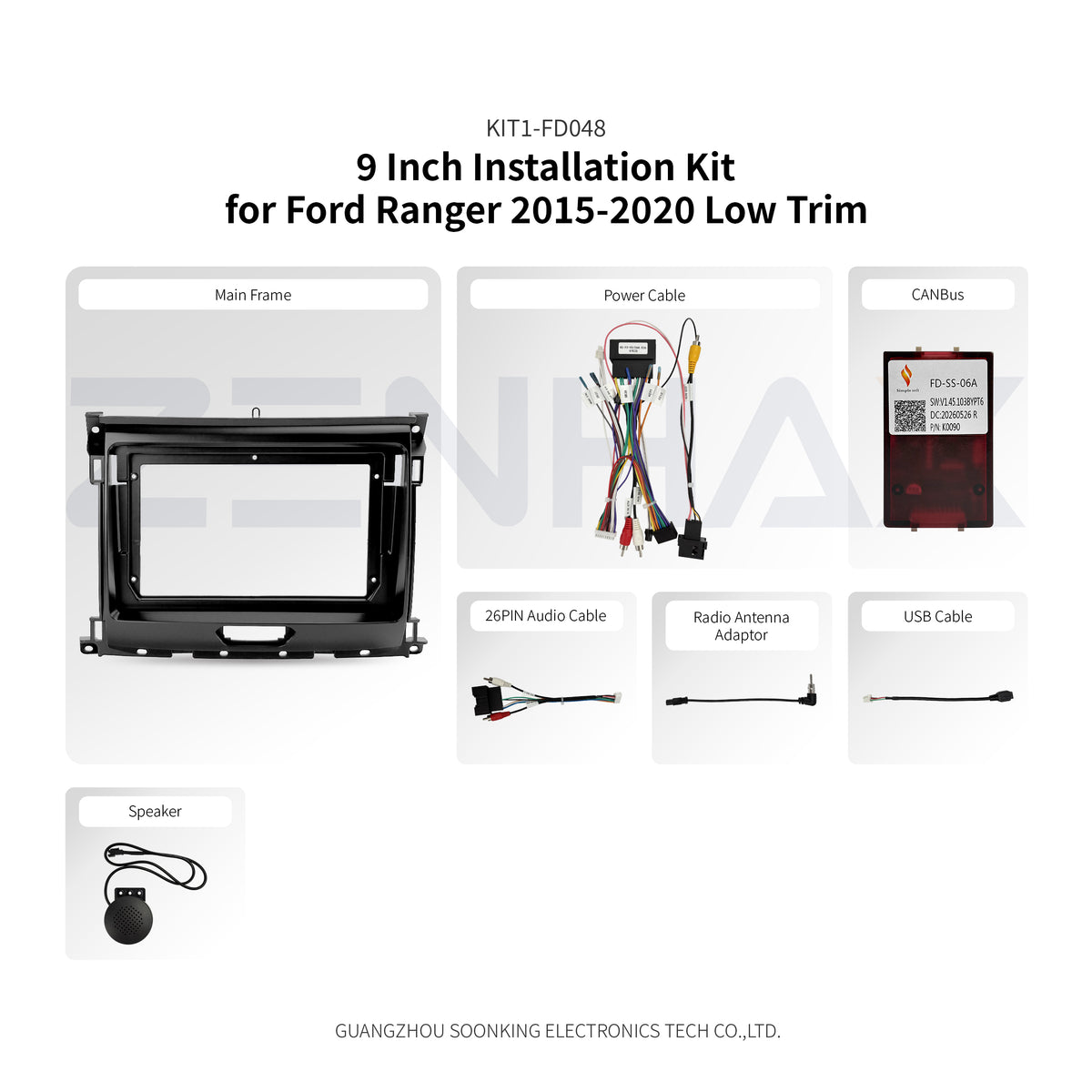 KIT1-FD048 complete installation kit for Ford Ranger 2015-2020 Mid Trim