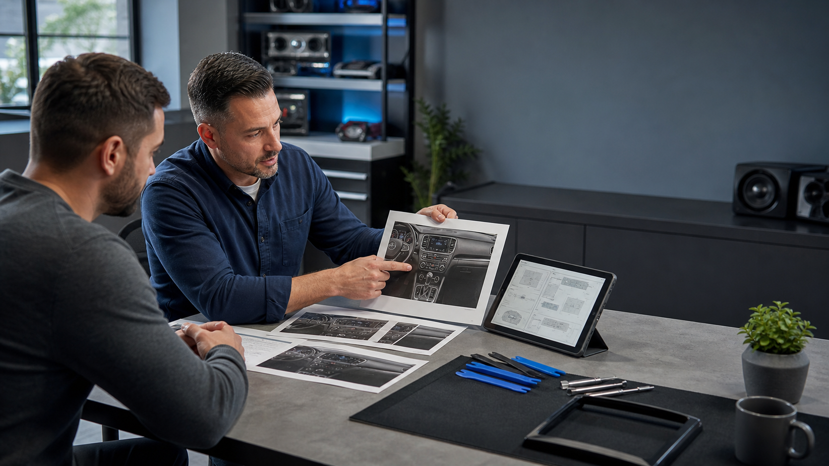 Automotive electronics specialist explaining a vehicle-specific installation plan