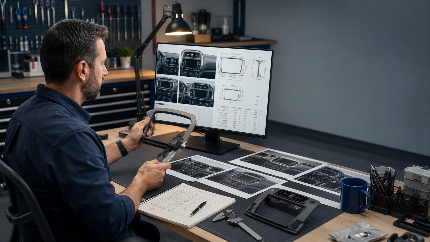 Automotive engineer checking dashboard dimensions and vehicle fitment references